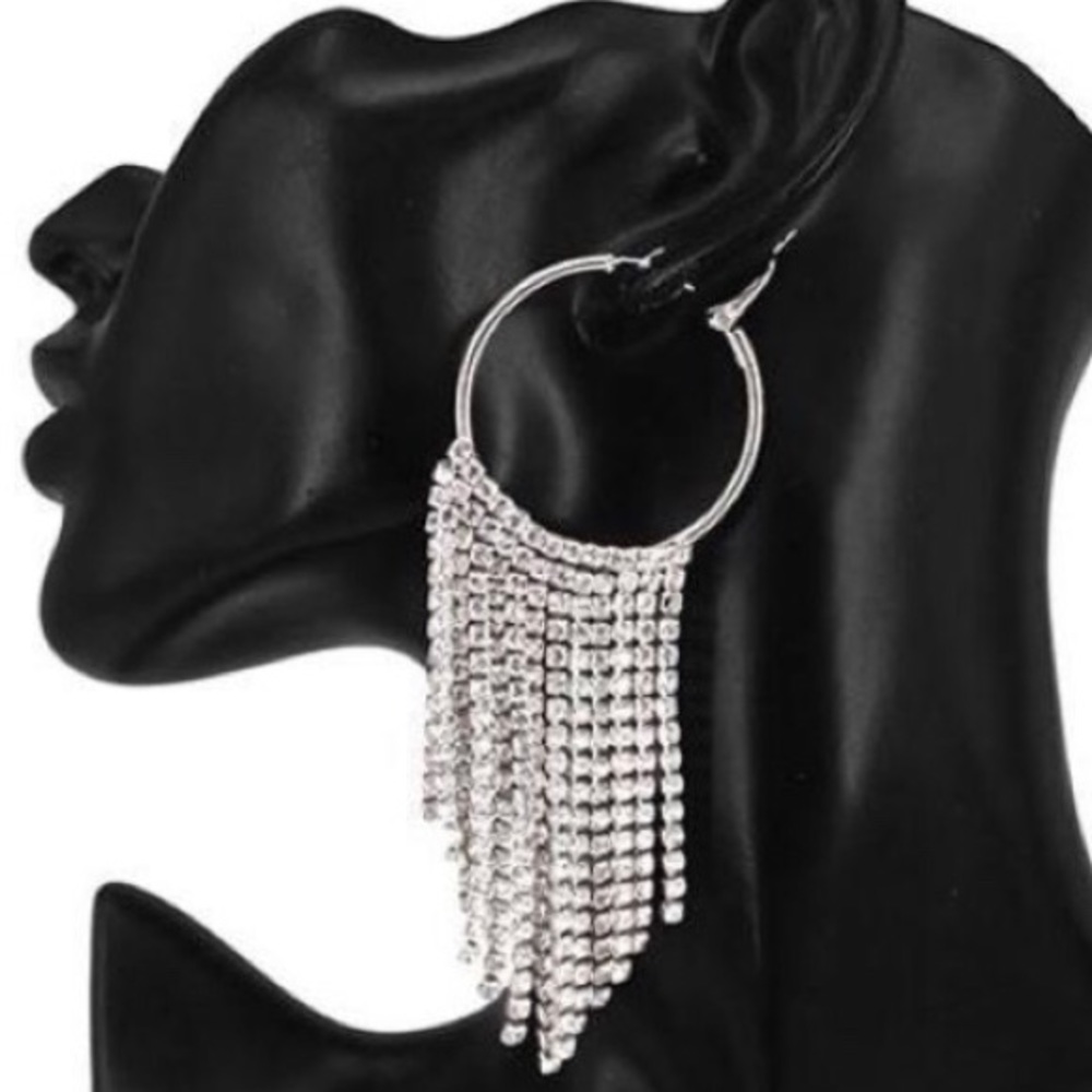 Silver Rhinestone Fringe Hoop Earrings